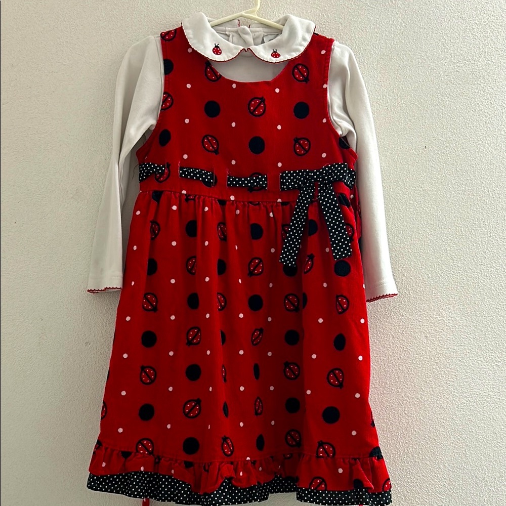 🦋 Vintage layered Red Polka Dot Ladybug Dress with White Long Sleeves. Size 6